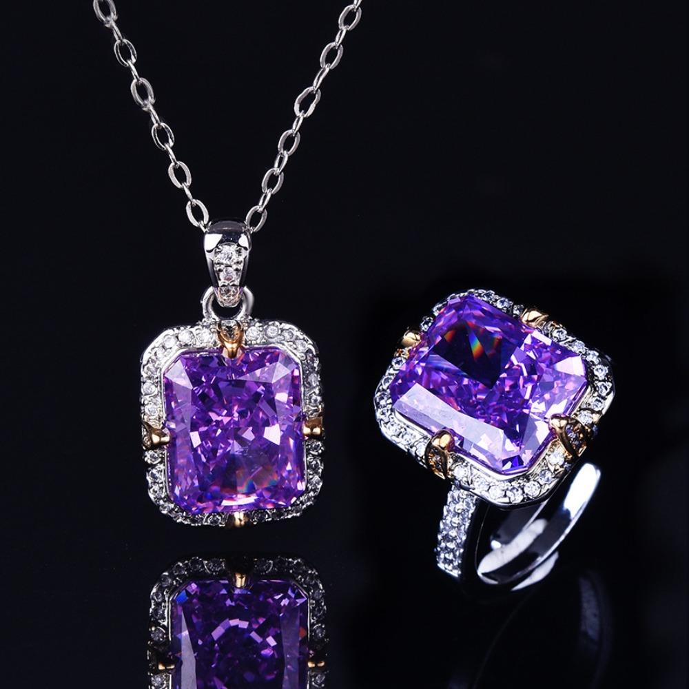 Stylish Women Jewelry Set Apple Green Ice Cut Necklace Kunzite High Carbon Diamond Ring Gemstone Gift Set