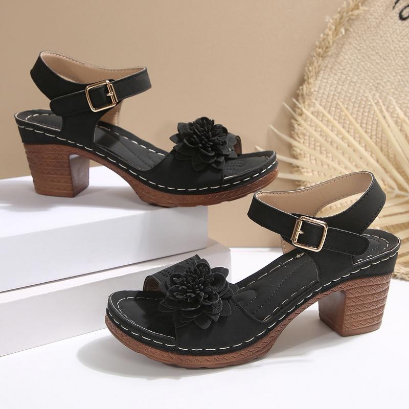 New flower high-heeled sandals thick heel one-word buckle women's sandals