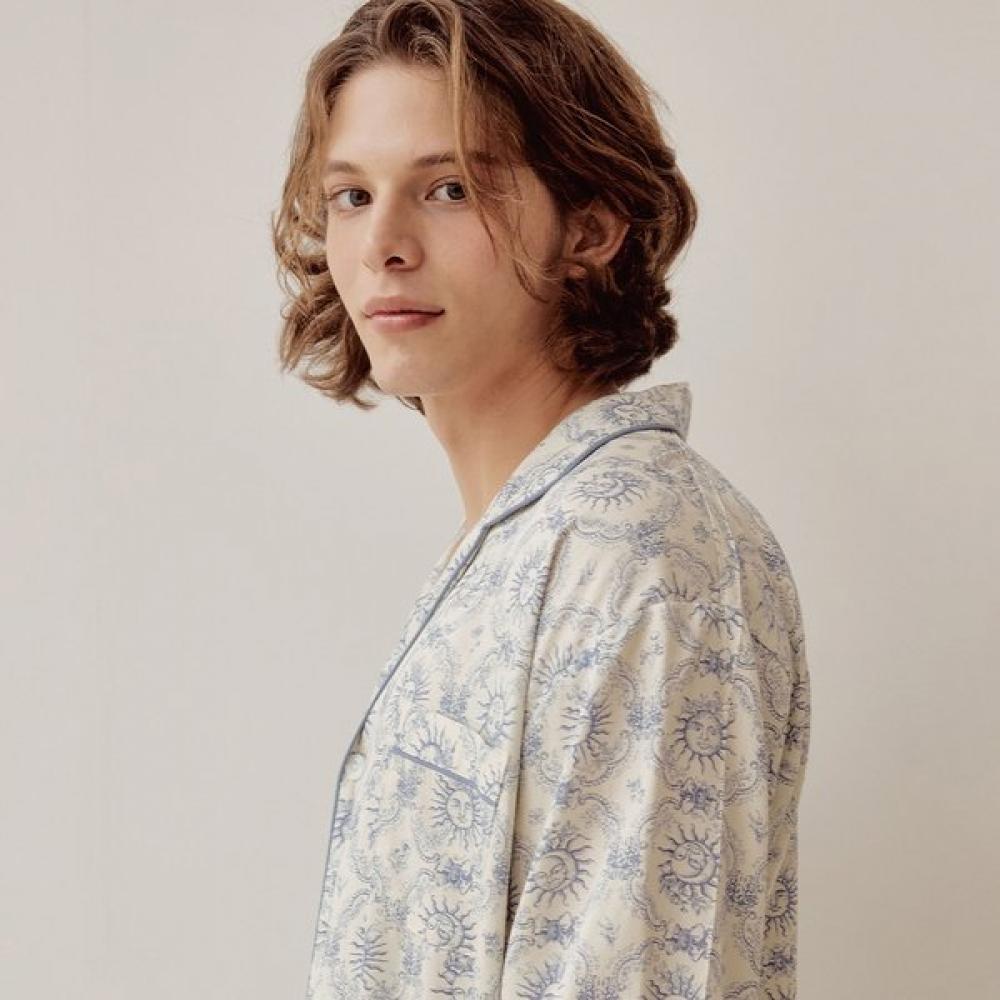 Lunaluz Men S Long Sleeve Collar Two Piece Pajama Solleu Modal Cotton blue pattern/free