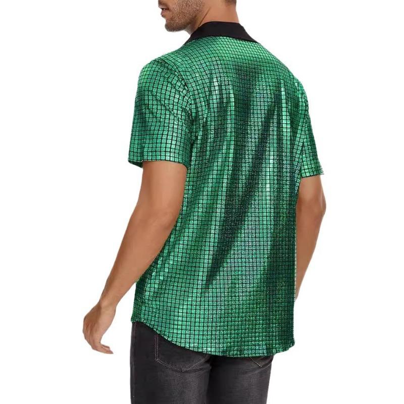 Mens Rainbow Sequins Plaid Short Sleeve Button Down Party Shirt