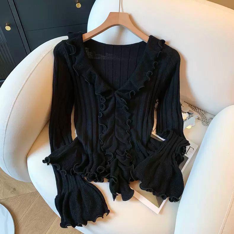 Maglione da Donna Invernale Pullover Caldo Lavorato a Maglia Scollo a V Bordatura in Pizzo Manica Lunga Oversize Maglione Top