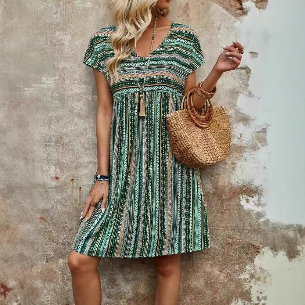 

Жіноча літня сукня з коротким рукавом, V-подібним вирізом, багатокольорова смугаста з принтом, святкова, цільна XL