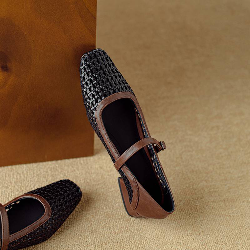 Krazing Pot Cow Skin Weaving Summer Size 41 Low Heels Party Shoes Women Square Toe Gladiator Hollow Out Pumps