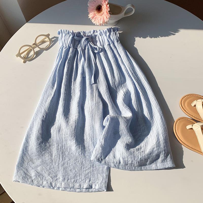 

Girls Summer Korean-Style Cotton-Linen Breathable Loose-Fit Wide-Leg Pants: Small-to-Medium Sizes, Drawstring Casual Pants 150 синій