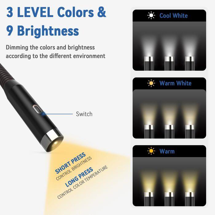 Lampe de lecture - Diboniur - Lampe de Cou - LED rechargeable - 3 niveaux de luminosité - 360° flexible