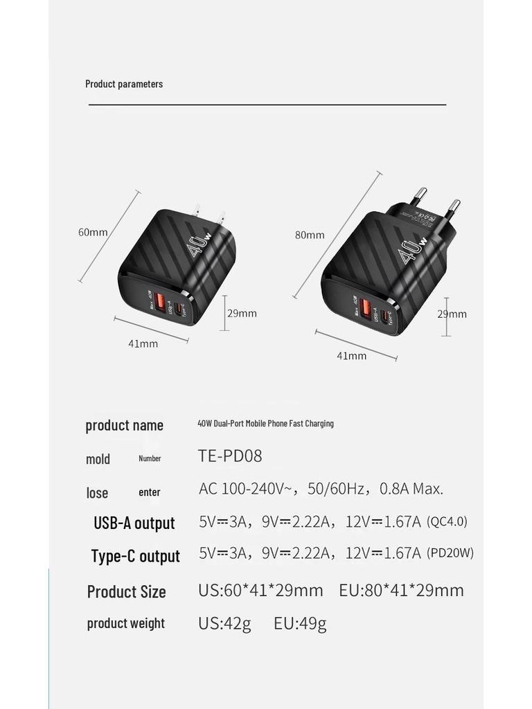 Dual-Port 20W QC+PD Fast Charger Adapter for Huawei, Apple, Samsung