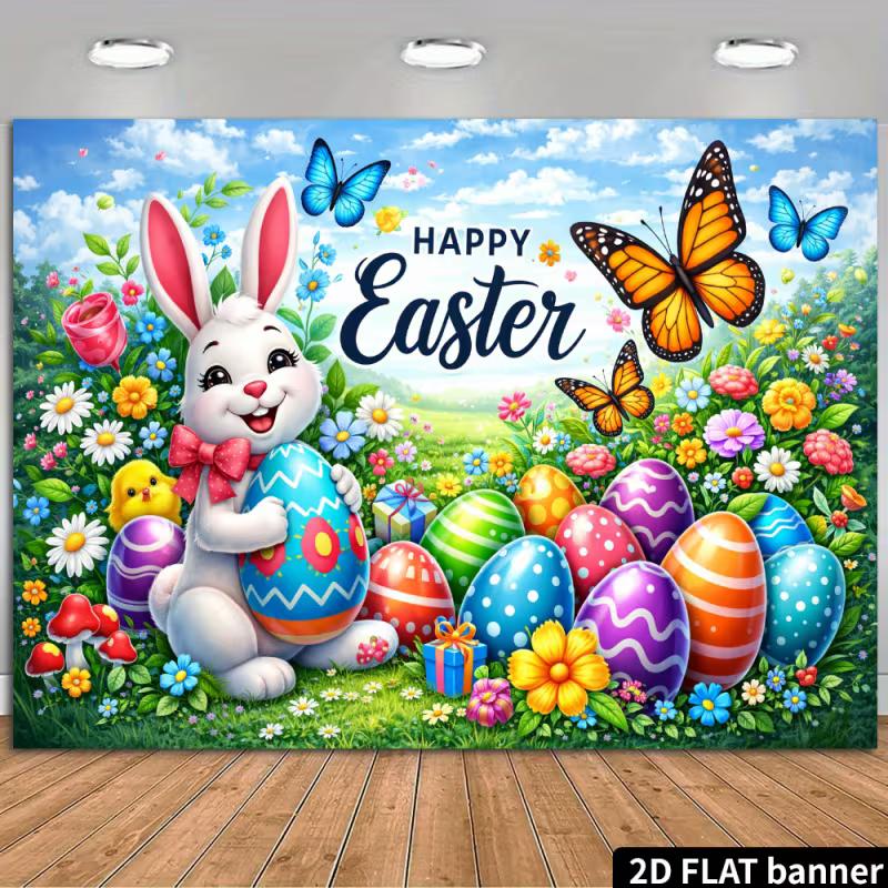 

2D Spring Easter Photography Backdrop, Bunny & Colorful Eggs Scene Background 47.2x31.5inch/120*80cm