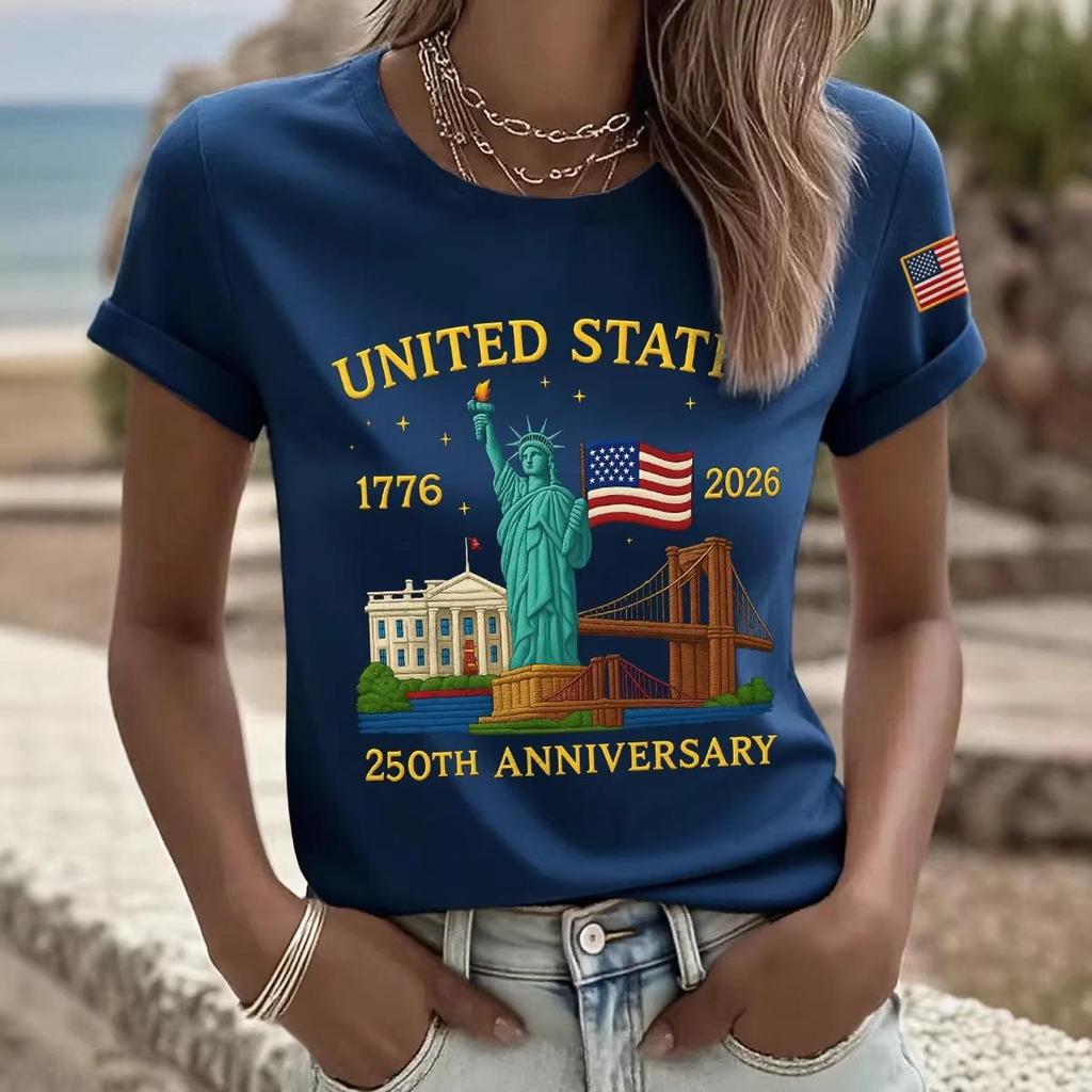 Women's 250th Anniversary Independence Day Digital Print T-shirt – Short Sleeve, Casual European & American Style