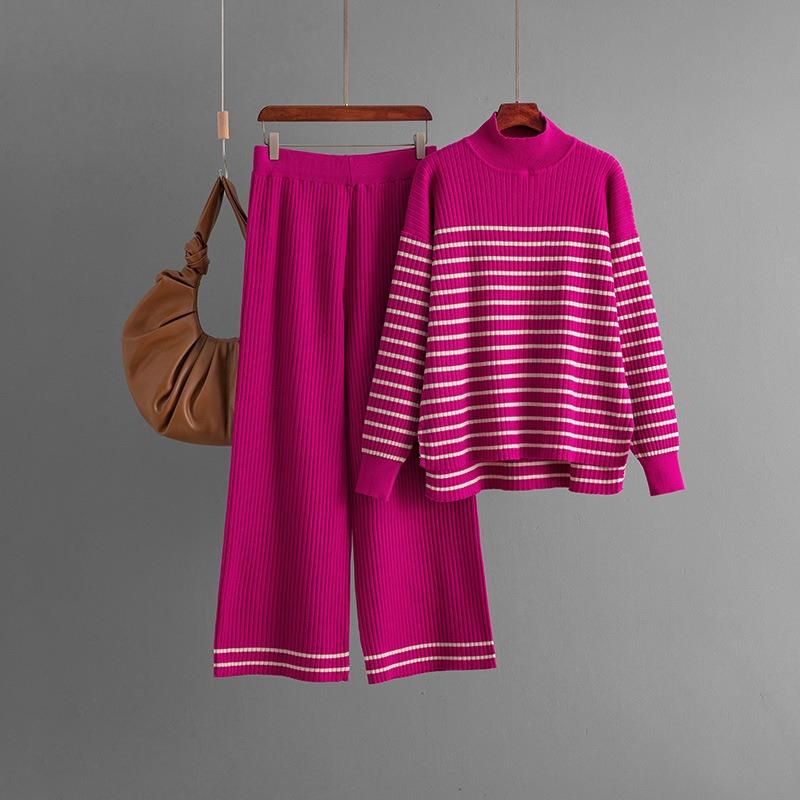 Set Autumn and winter new striped slit long-sleeved knitted sweater wide-leg pants two-piece set for women