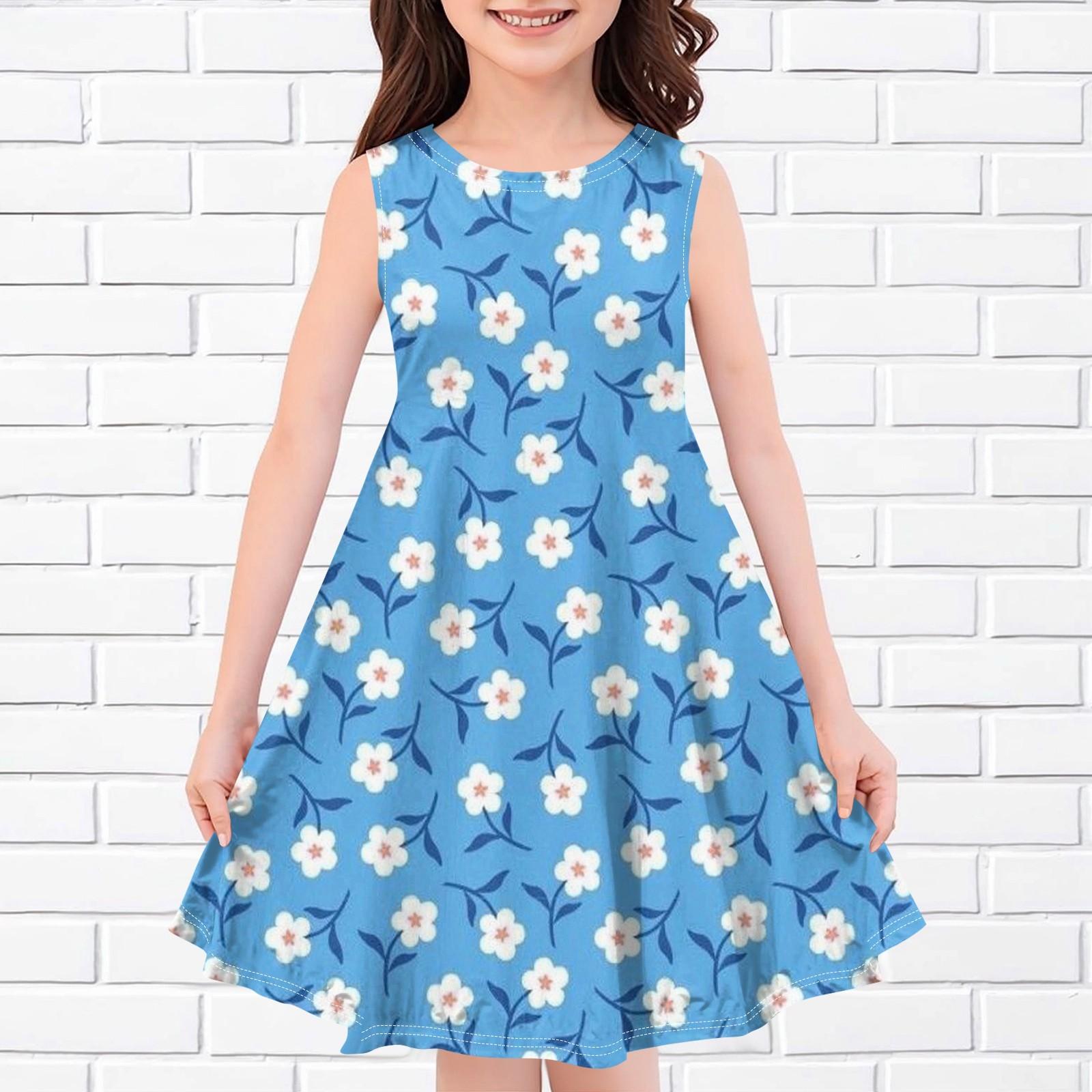 Children s Summer Sleeveless Casual Fashion Printed Round Neck Dress 150 синий
