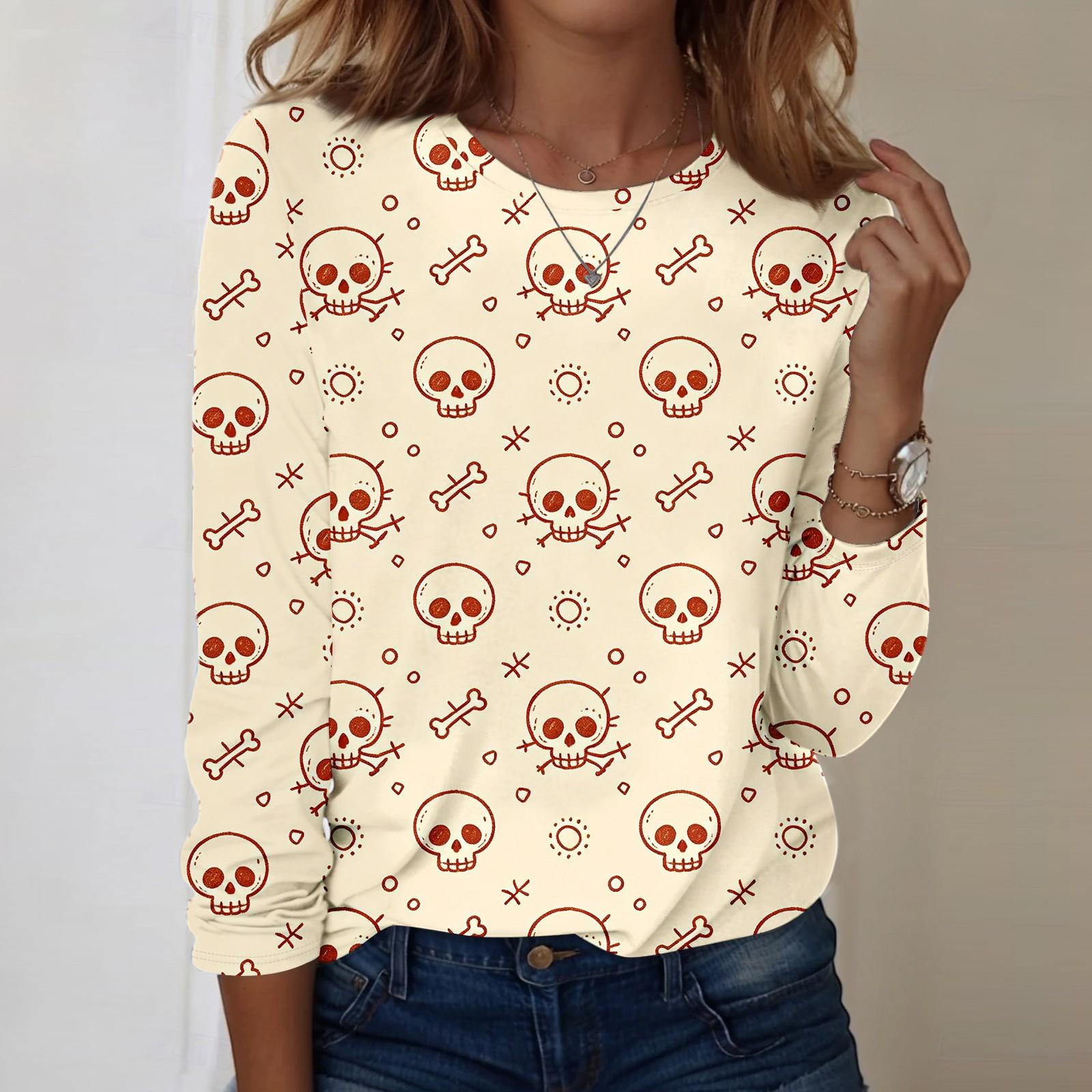 Women s Long Sleeve Halloween Print Neck Tee, Casual Fashion Top L