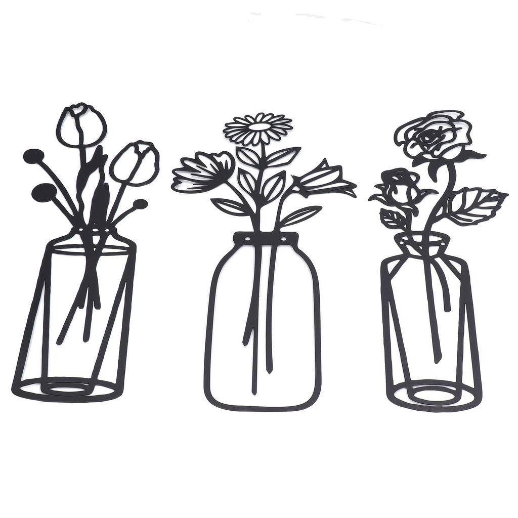 3Pcs Metal Vase Flowers Wall Art Elegant Prevent Rust Easy To Install Iron Flower Wall Art for