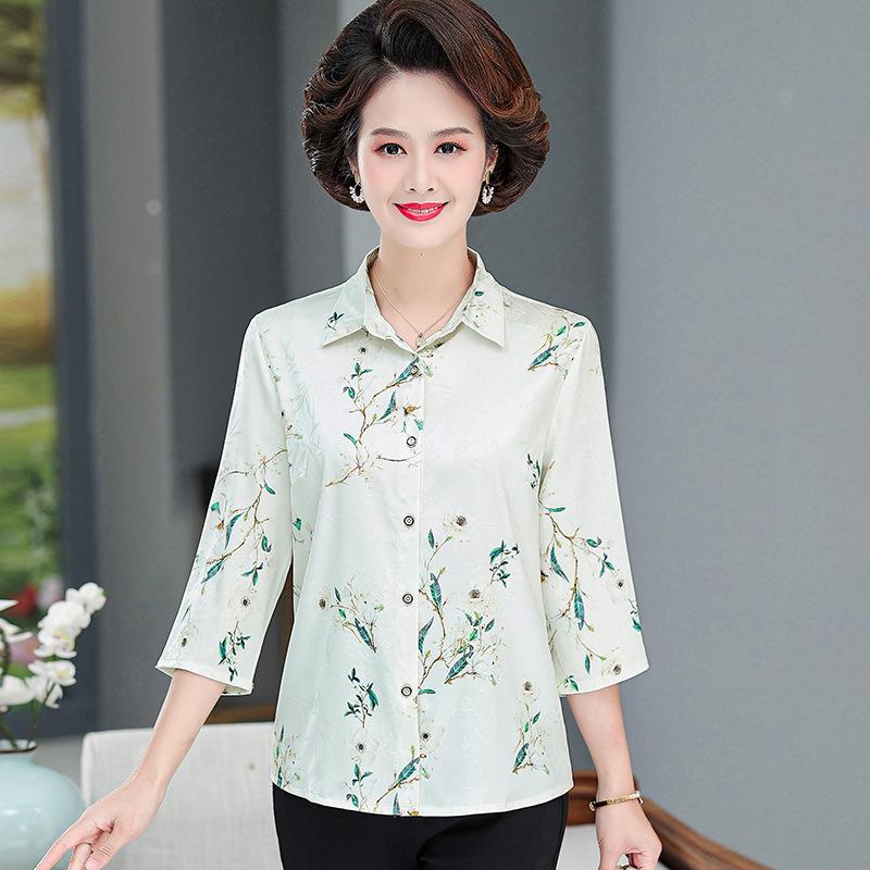 

Stylish Silk Long Sleeve Printed Shirt for Middle-aged Women 3XL (120-135 jin) світло-зелений колір