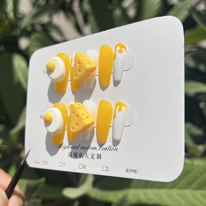 Cartoon 3D Egg Yolk Cheese Design Cute Medium-Long Press-On Nails Handmade Artificial Nail Tips Women