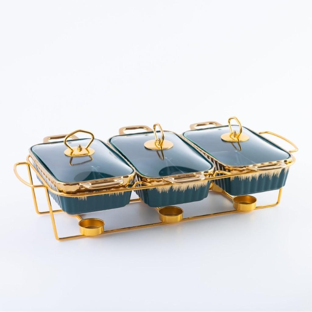 Three-grid Rectangular Ceramic Plate Soup Pot Metal Shelf Hotel Restaurant Hand-Colored Soup Pot Dry Pot Tableware Set