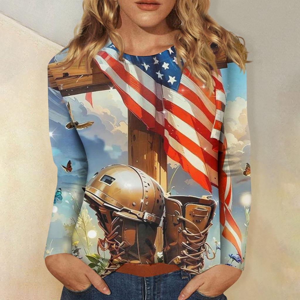 Long Sleeve Crewneck Shirt with Flag and Flower Print Casual Pullover Top for Women Comfortable Fit
