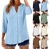 Womens 3/4 Sleeve Tops Cotton Linen Button Down Shirts V Neck Pleated Casual Loose Sleeve Shirt