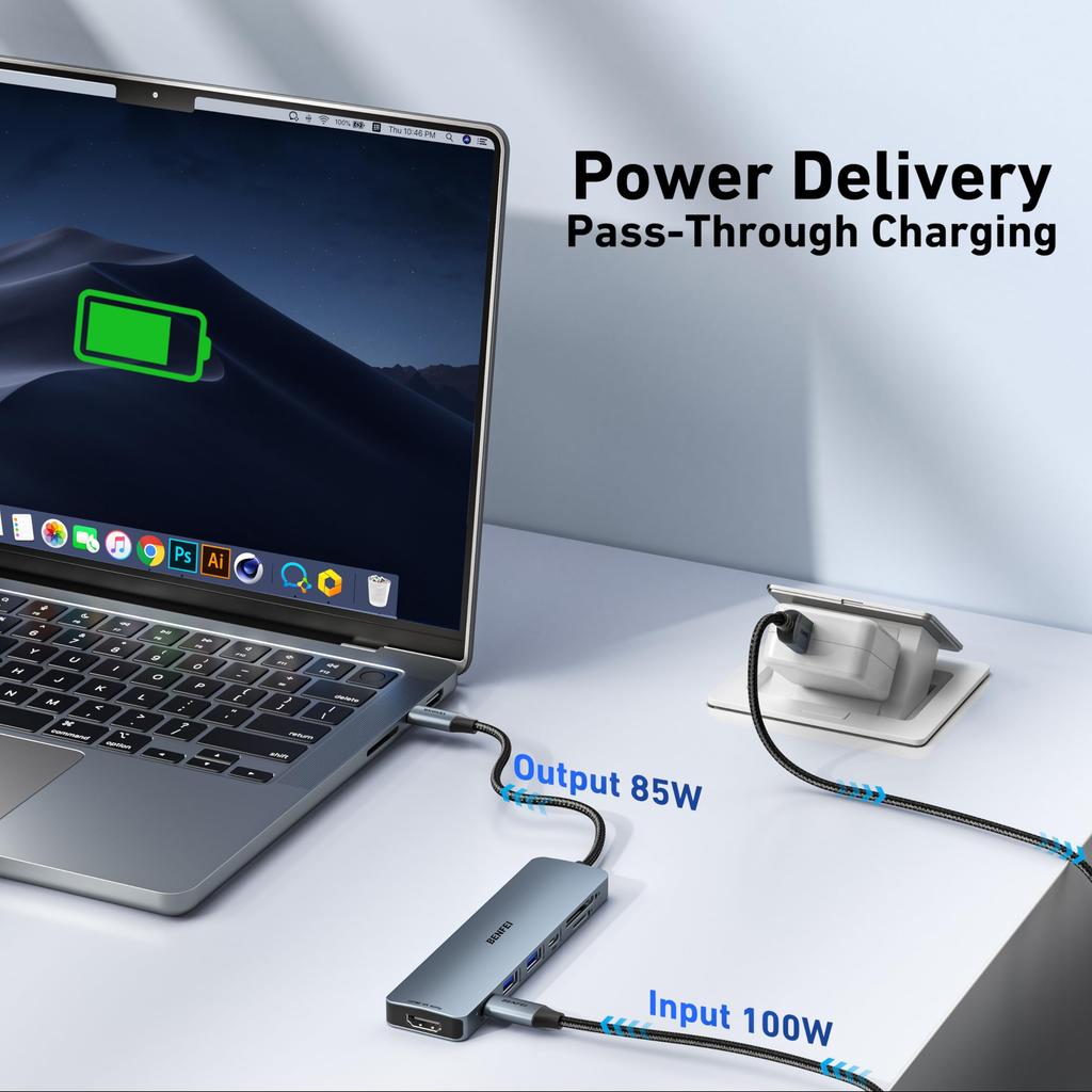 BENFEI Hub with HDMI 2 Data 100W Card Silicone Cable Prevents Tangles and Is Compatible with MacBook iPad and iPhone 15 7-in-1 USB-C 4K@60Hz, USB-A,