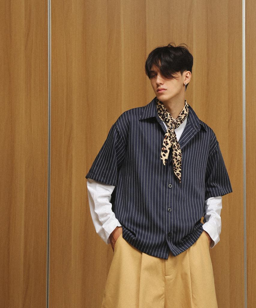ROCKPSYCHO Crop Pinstripe Shirt - Navy