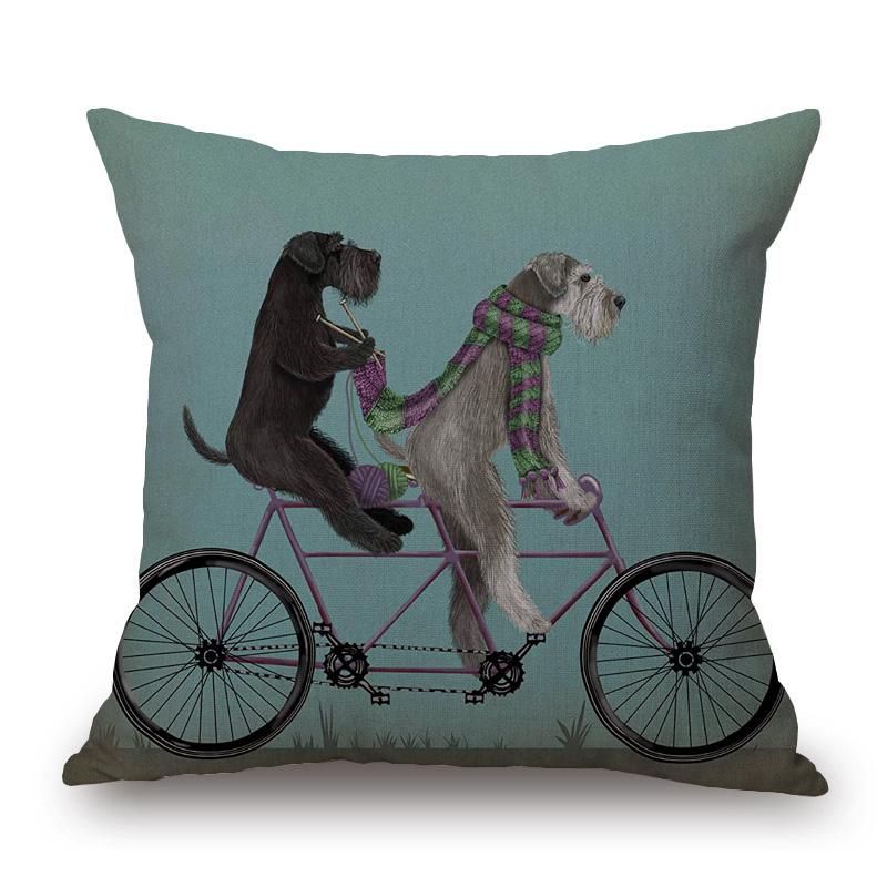 Dogs On Bicycle Art Cushion Cover Poodle Bulldog German Shepherd Golden Retriever Dachshunds Labrador Print Linen Pillow Case