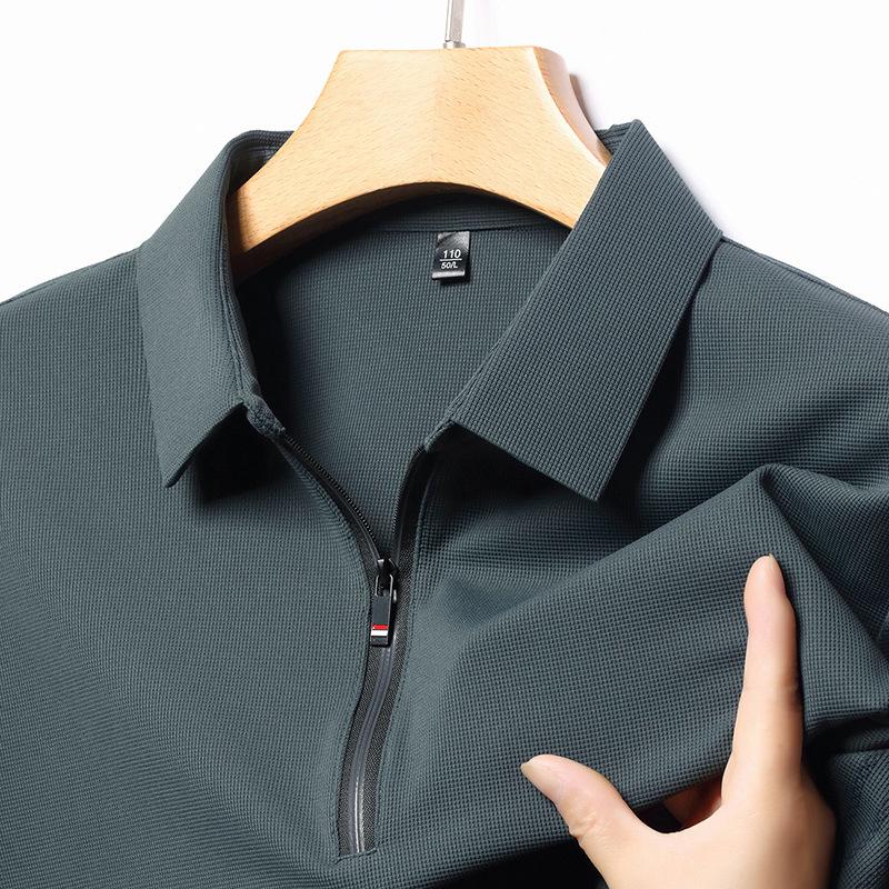 Medelålders mäns långärmad skjorta T-shirt Vår Höst Affärsmässig Casual Nedvikt krage Lös Halv dragkedja Falsk tvådelad topp