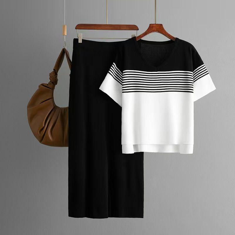 Western Style New Knitted Stripes Top Skirt Two-piece Set Knitted Top and Skirt Set