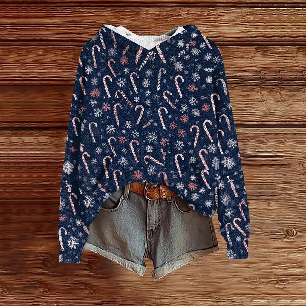 Women's Fashion Casual Long Sleeve Christmas Print Hooded Knitted Sweatshirt