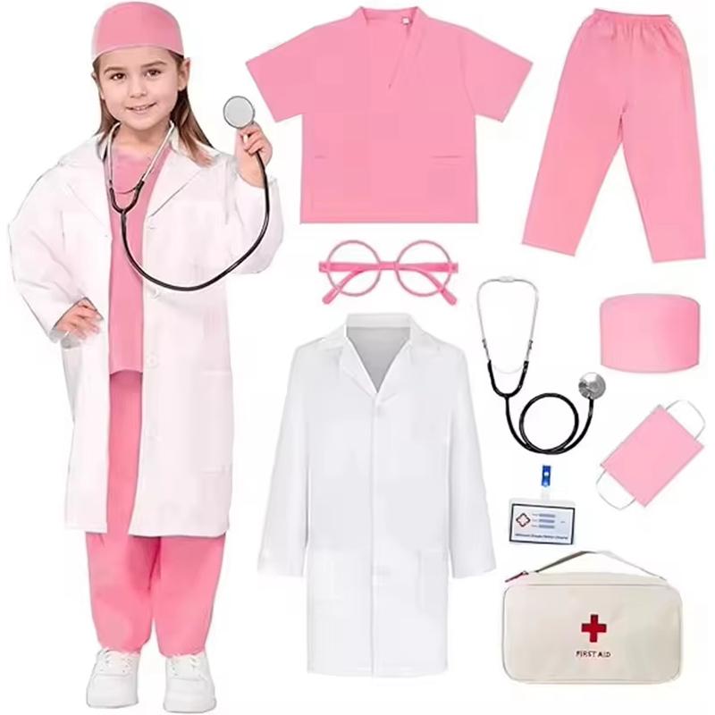 9pz Uniformi da Infermiere per Bambini e Bambine Camici Chirurgici Bianchi da Medico con Stetoscopio Costume per Festa di Carnevale dei Bambini