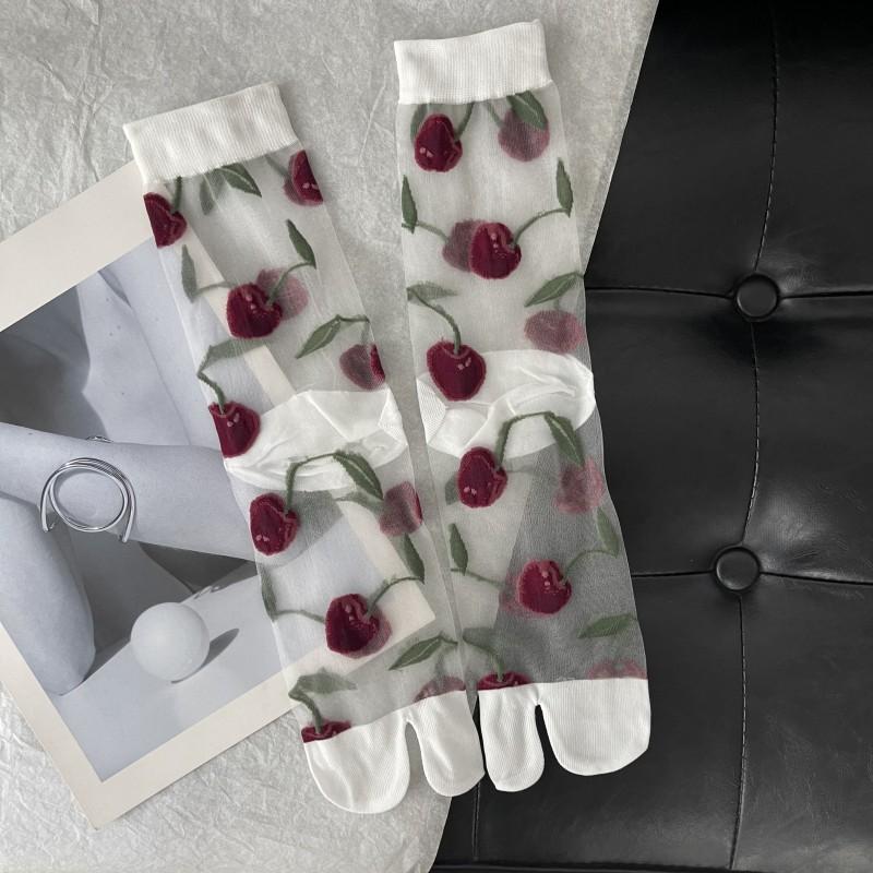 Ultra-Thin Transparent Woman Split Toe Socks Red Cherry Pattern Summer Crystal Silk Hollow Out Sheer Two-Toed Japanese Tabi Sox