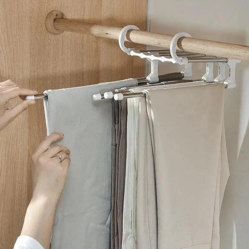 Étagère à Pantalons Pliante Rétractable Multi-couches Portants à Pantalons Armoire Vestiaire Acier Inoxydable Cintre de Rangement pour Vêtements Gain de Place