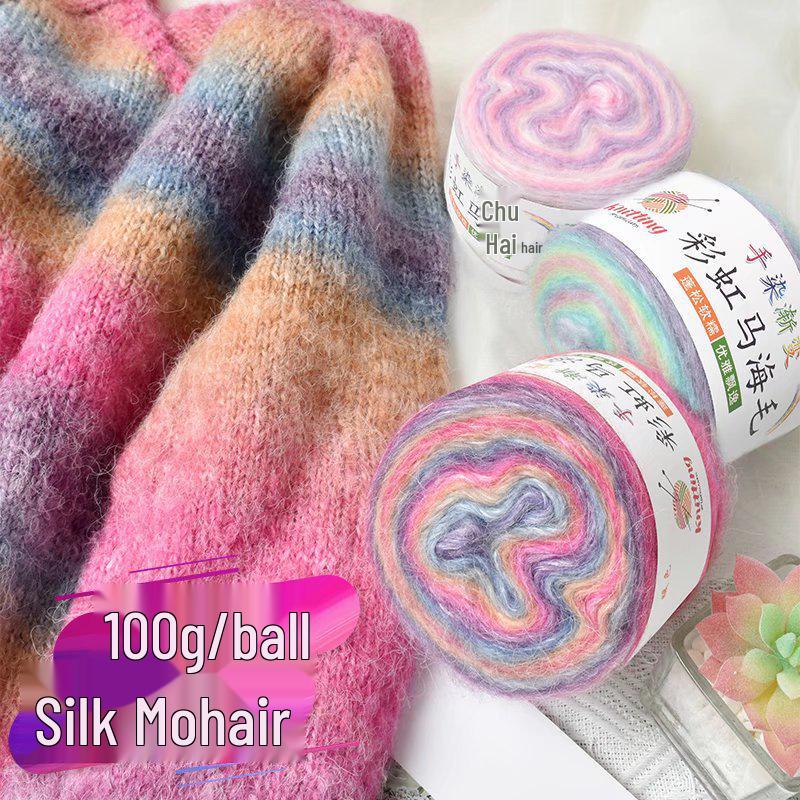 Hand-Dyed Gradient Rainbow Mohair Yarn - Fluffy, Soft, and Perfect for Knitting and DIY Projects.