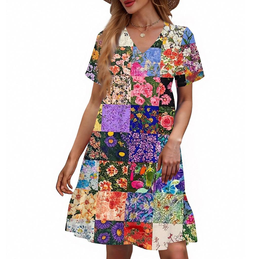 Women's Casual Fashion V-Neck Short Sleeve Floral Print Dress