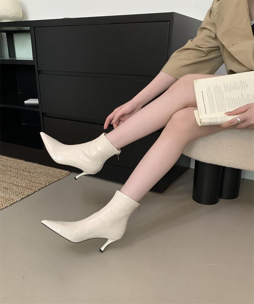 Splicing pointed short tube thin boots women's thin heel 2025 new high heel rear zipper Korean small bare boots Martin boots