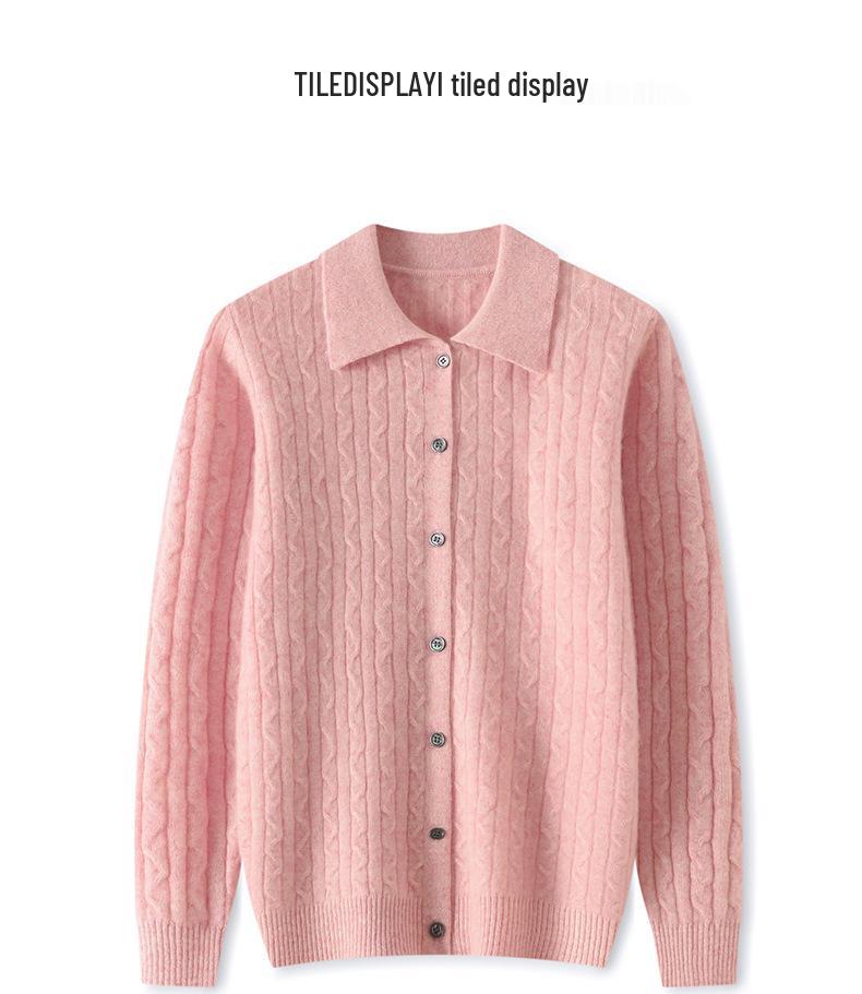 Women's Cable Knit Cashmere Cardigan - Polo Collar, Buttoned, College Style, Fall/Winter Layer