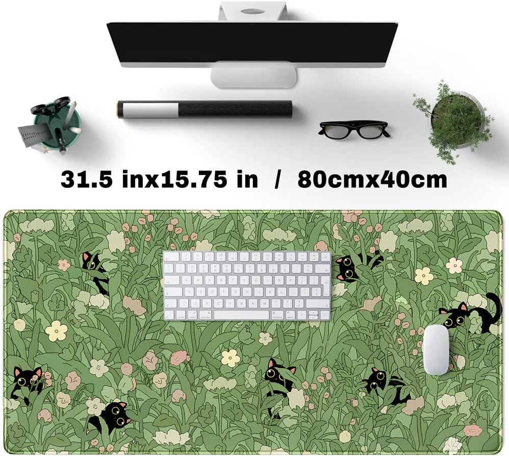 Cute cat flower plant pattern large table mat suitable for office game and home decoration Green 40*80*0.2cm