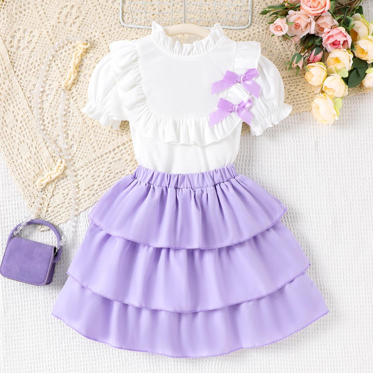 

Girls Fashionable Purple and White Outfit Summer Children s Princess Top and Cake Skirt Set 4Y