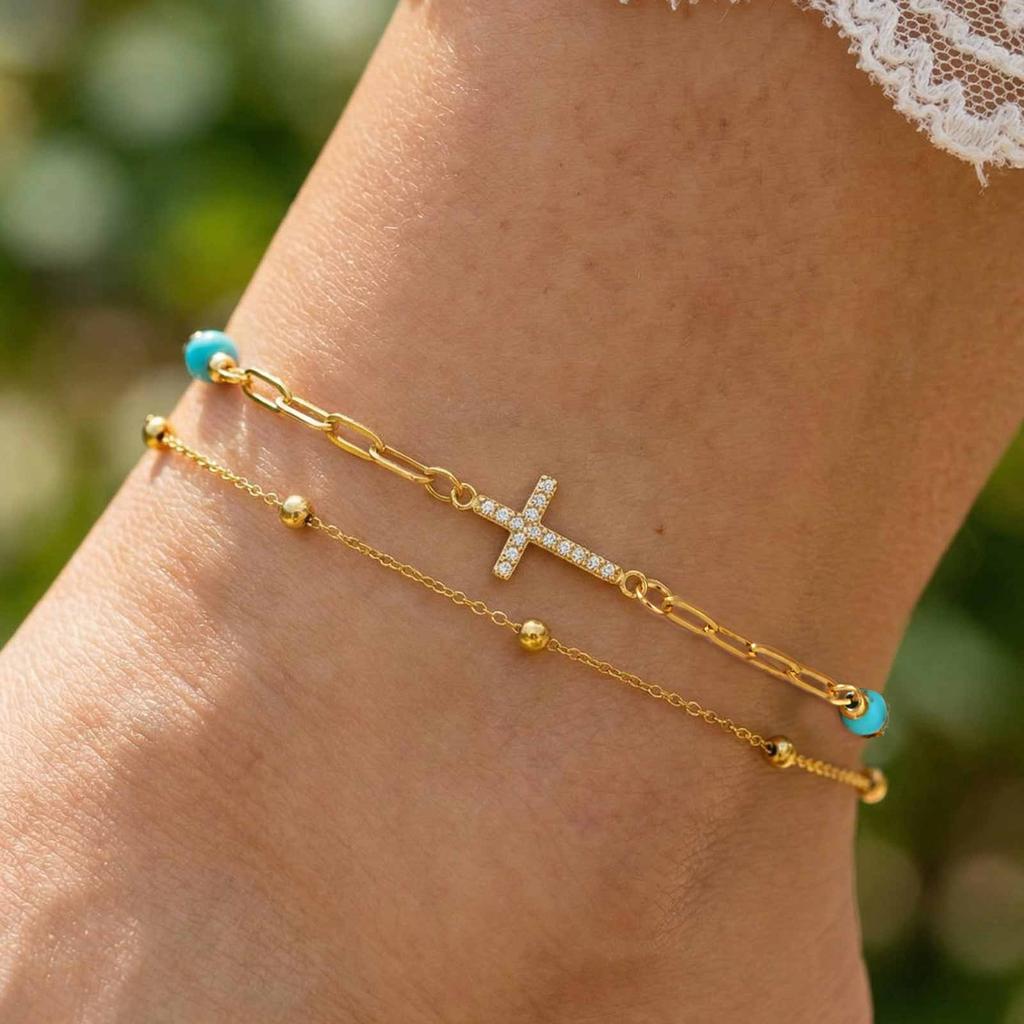 Türkisfarbener Knöchelkettchen, Doppellagige Fußkette mit Kreuz aus Edelstahl, Sommer Strand Schmuck für Damen Anlaufgeschützt Ästhetischer Schmuck
