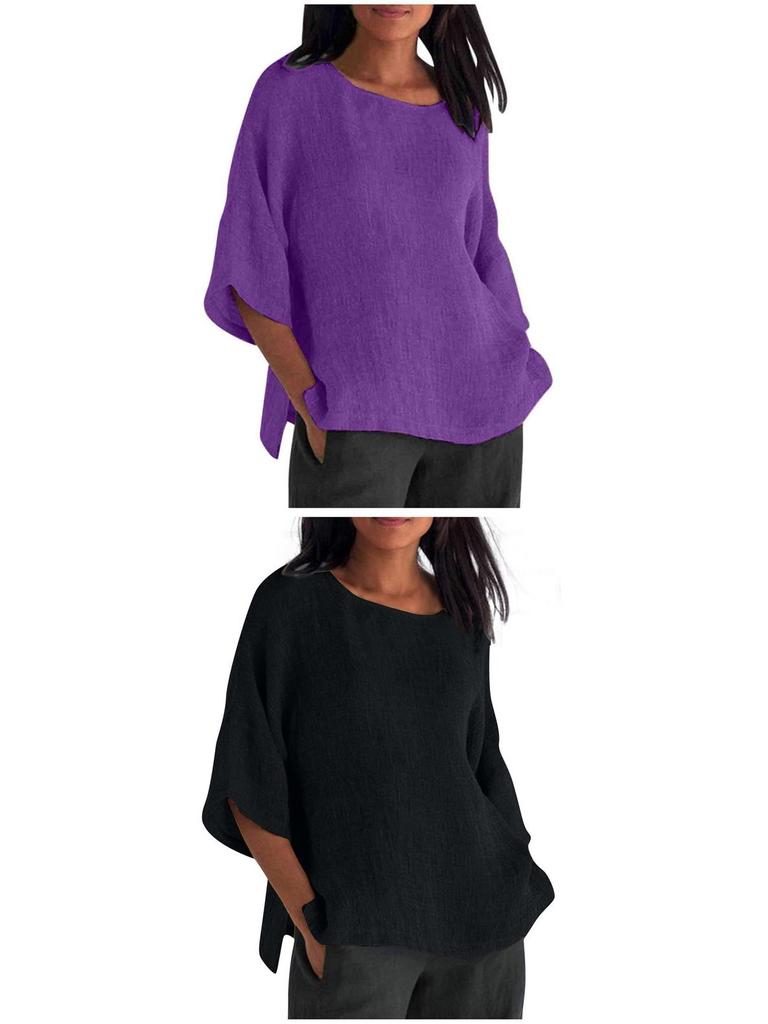 Women's Cotton Linen Three-Quarter Sleeve Shirt - Round Neck Top