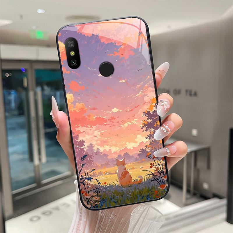 Beautiful Flower Cute Cartoon Cats Case For Xiaomi Mi A2 / Mi A2 Lite Tempered Glass Phone Case Protective Back Cover Hard Shell