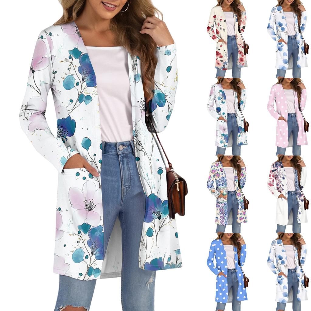 Women's Fashion Casual Comfort Floral Print Mid-Length Cardigan Jacket