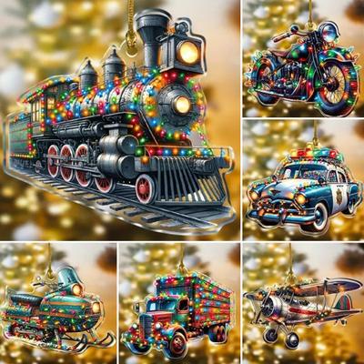 Christmas Truck Ornaments Acrylic Car Airplane Pendant Double Sided 2D Flat Xmas Tree Hanging Ornament for Holiday Tree Home Decor