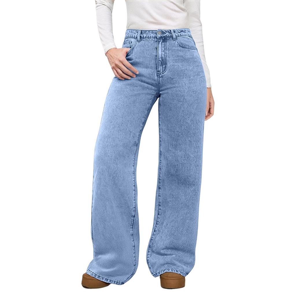 Damen Casual High-Waist Light-Washed Loose Wide-Leg Straight Jeans