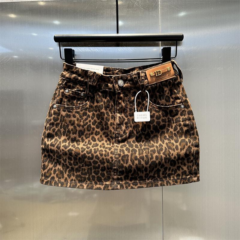 Women s High Waist Denim Mini Skirt Slim Fit Leopard Print Bodycon Skirt Fall Streetwear Pencil Skirt S