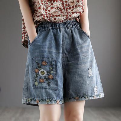 Shorts in Denim Retro Usurati a Vita Alta da Donna Patchwork Ricamo Pantaloni Larghi Oversize a Gamba Larga