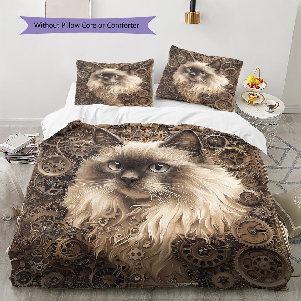 Gear Cat Pattern Bedding Quilt Set Quilt Cover Pillowcase Home Decoration Gift (1 * duvet cover + 2 * pillowcase, without core)