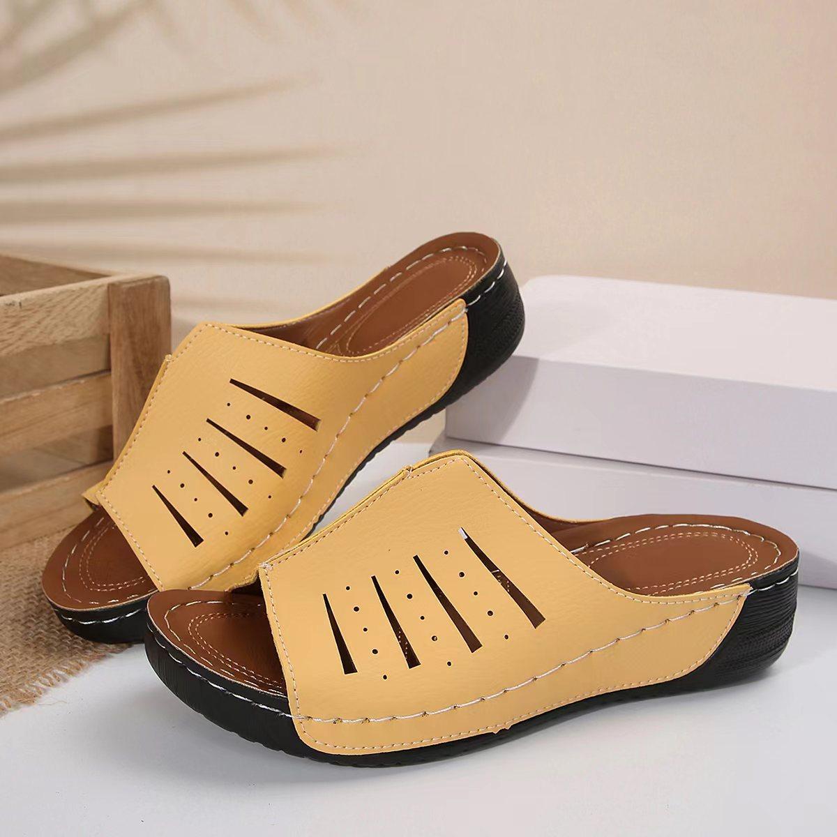

Heel thick bottom hollow slippers women s European and American foreign trade large size casual one-pedal sewing line wedge breathable cool slippers 43 жёлтый