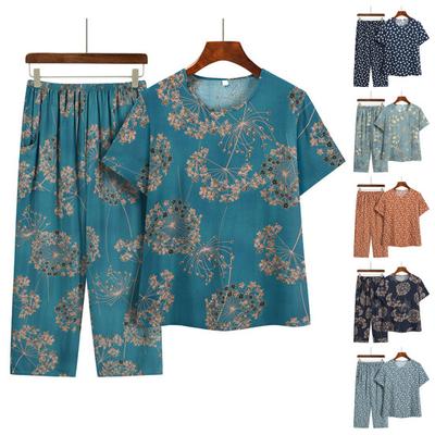 2Pcs/Set Women Pajamas Set Floral Print Short Sleeve Elastic Waist Wide Leg Pleated Trousers T-shirt Pants Set Mid-aged Grandmother Homewear Set