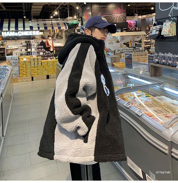 Men's Winter Lambswool Hooded Jacket: Loose, Plush, Trendy Korean Style for Couples.