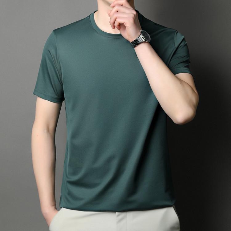 Brand 2025 Men's High-End Ice Silk Crew Neck Short Sleeve T-Shirt - Solid Color, Advanced Texture, New Summer Edition