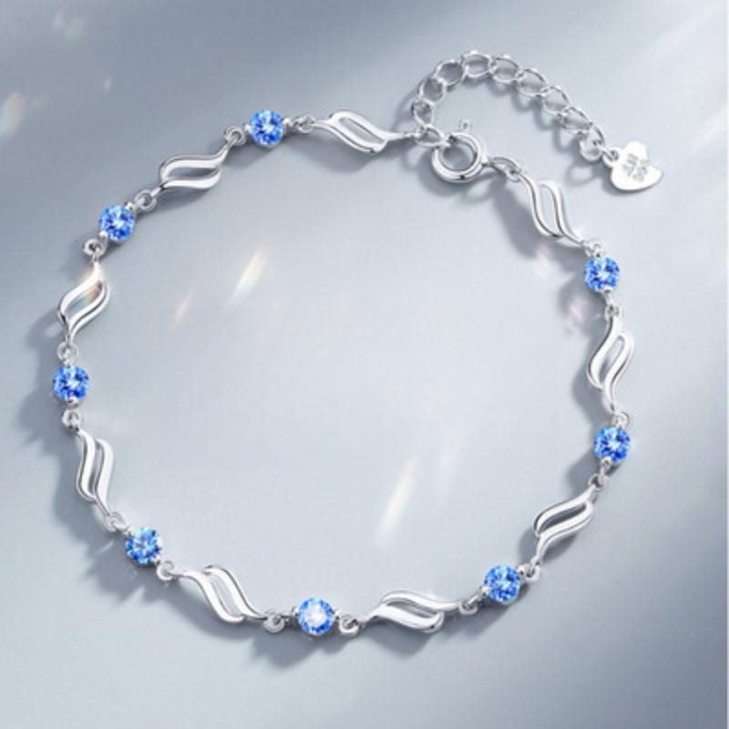 925 Silver Heart Shaped Necklace Bracelet Set for Women Vintage Korean Blue Crystal Bracelets Jewelry Set Party Jewelry